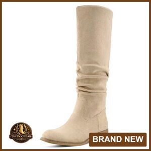 Knee High Boots Flat Heel Slouch Pointed Toe Side Zipper Faux Suede